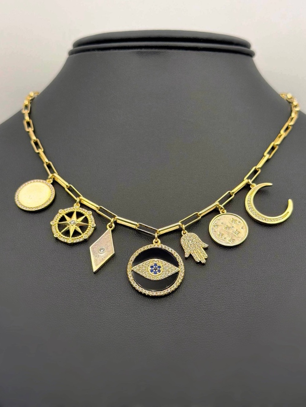 925 sterling silver 14k gold plated CZ Moon Hamsa North Star Evil Eye Necklace